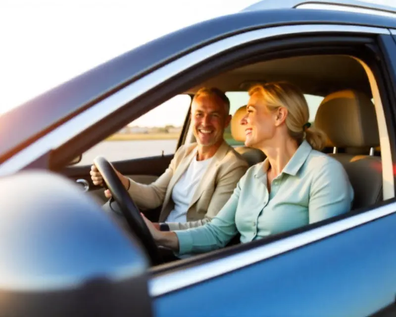 A couple smiling together in the front seats of their car