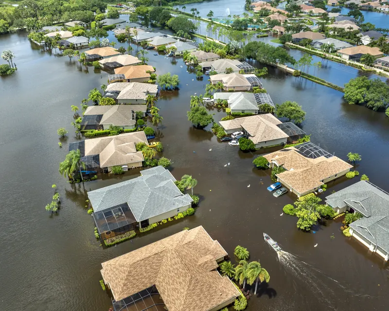 Aerial view of a Florida neighborhood surrounded by floodwater