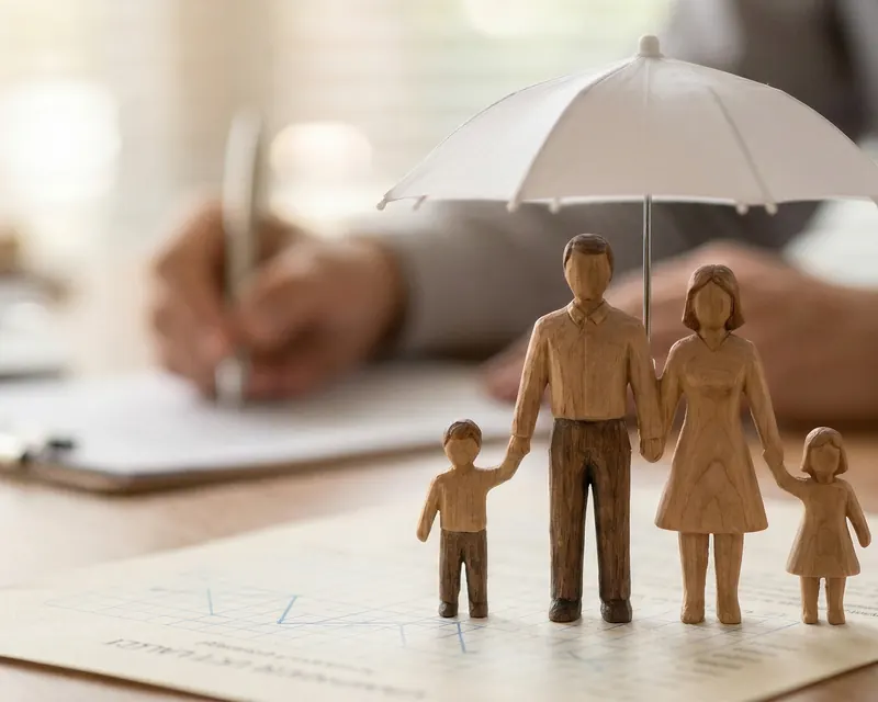 Wooden figures of a family sheltered beneath a small umbrella